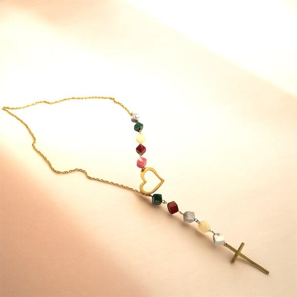 Asymmetric Heart & Cross Cubist Necklace Gold Tone Modern Christian Faith Y Drop - Picture 2 of 8